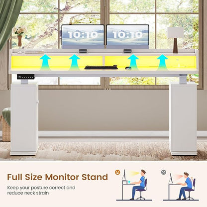 SEDETA Standing Desk with Storage, 55" Fluted Stand Up Desk with Power Outlets & LED Lights, Height Adjustable Table with Monitor Shelf for Home Office, Gaming, White