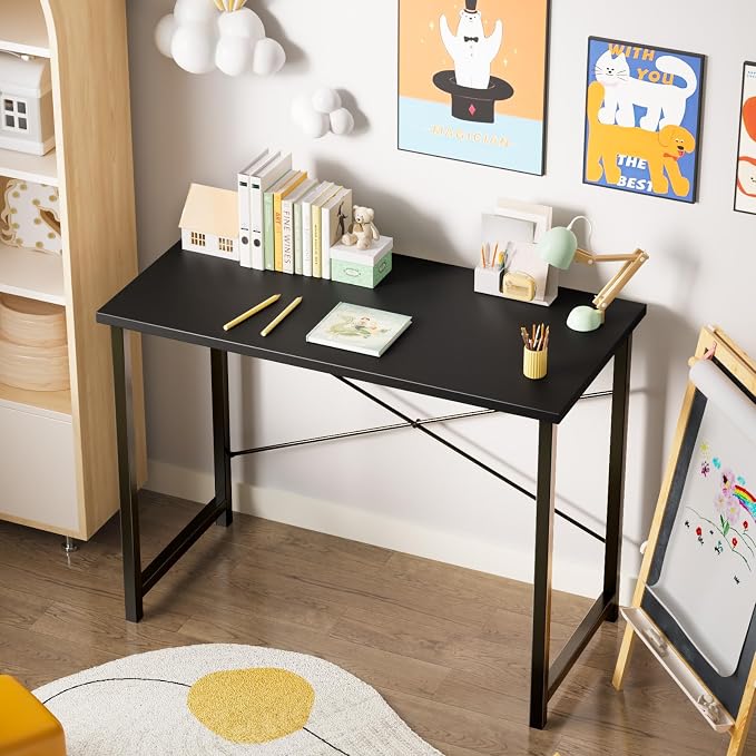 Sweetcrispy Computer Office Desk 55 Inch Student Study Writing Work with Metal Frame Wood Tabletop Modern Simple PC Home Bedroom Table - Black, Sturdy Compact Desk for Laptop, Study, Gaming