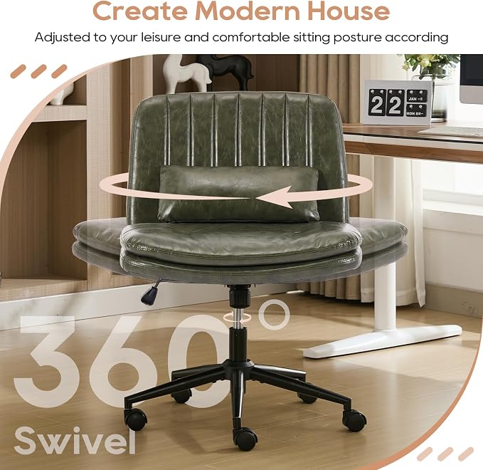 IPKIG Criss Cross Chair, Small Armless Desk Office Computer Chair with Wheels and Lumbar Pillow, Comfy Adjustable Swivel Task Vanity Chair Faux Leather, Green