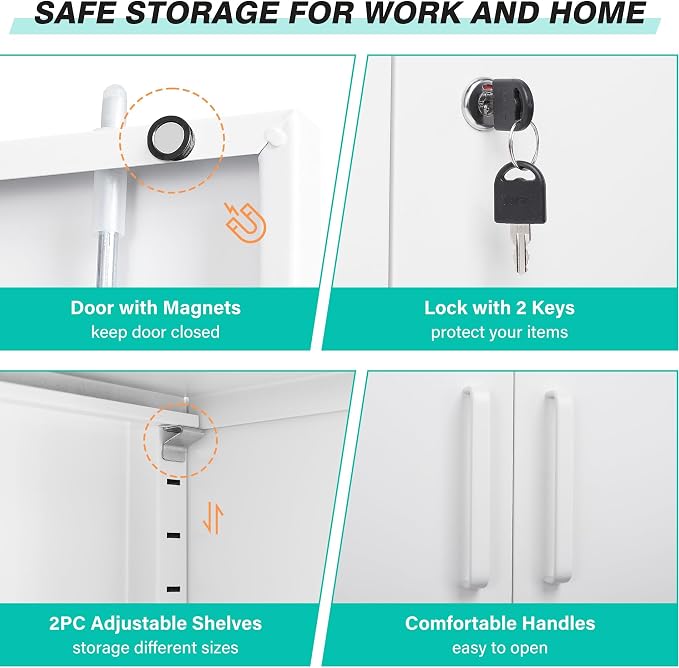 SISESOL 36 inch Storage Cabinet with Doors and Shelves,White Metal Storage Cabinet,Small Locking Metal Cabinets,Short Steel Counter Cabinets with Lock for Garage Home Office Pantry