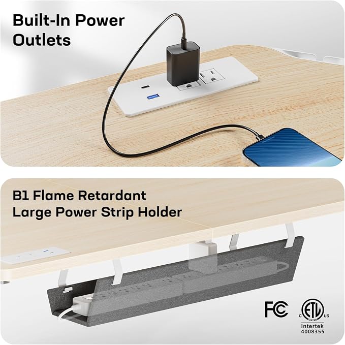HUANUO 63″ L-Shaped Standing Desk, Built-in Power Outlets, Electric Height Adjustable Corner Computer Desk, Large Power Strip Holder, Sit Stand Up Desk with 3 Preset Heights, Natural Wood