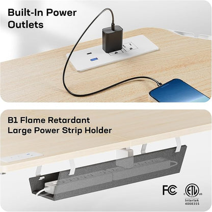 HUANUO 63″ L-Shaped Standing Desk, Built-in Power Outlets, Electric Height Adjustable Corner Computer Desk, Large Power Strip Holder, Sit Stand Up Desk with 3 Preset Heights, Natural Wood