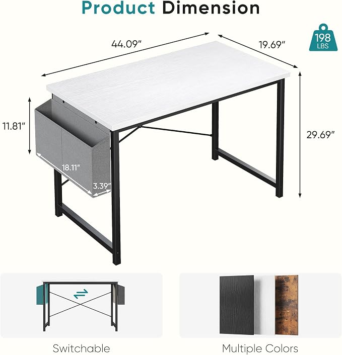 OLIXIS Computer Desk, 44 Inch Home Office Desks for Small Spaces, Writing Craft Study Gaming Table for Bedroom, Modern Computer Workstation with Storage Bag, White