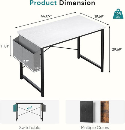 OLIXIS Computer Desk, 44 Inch Home Office Desks for Small Spaces, Writing Craft Study Gaming Table for Bedroom, Modern Computer Workstation with Storage Bag, White