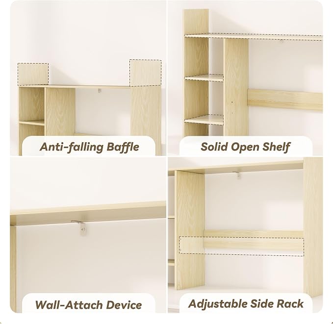 FTZxHKLX Desktop Bookshelf, 37.4’’ Wooden Desk Storage Hutch with 3 Shelves,4 Tier Multipurpose Display Shelf with Storage, Wooden Desk Shelf Organizer for Computer Desk, College Dorm, Office, Home