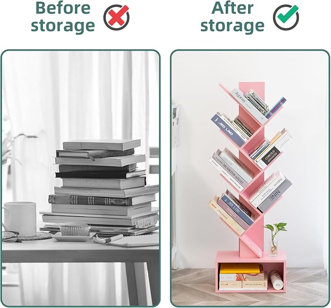 Yoobure Tree Bookshelf - 6 Shelf Retro Floor Standing Bookcase, Tall Wood Book Storage Rack for CDs/Movies/Books, Utility Book Organizer Shelves for Bedroom, Living Room, Home Office Pink