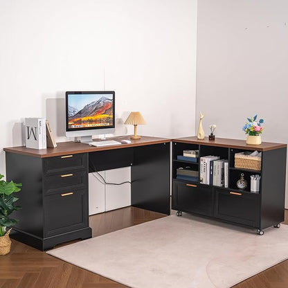 60" Professional Office Desk with 40" Mobile File Cabinet,Business Desk with Charging Station,L Shaped Executive Desk Set for Office Work,Home Study