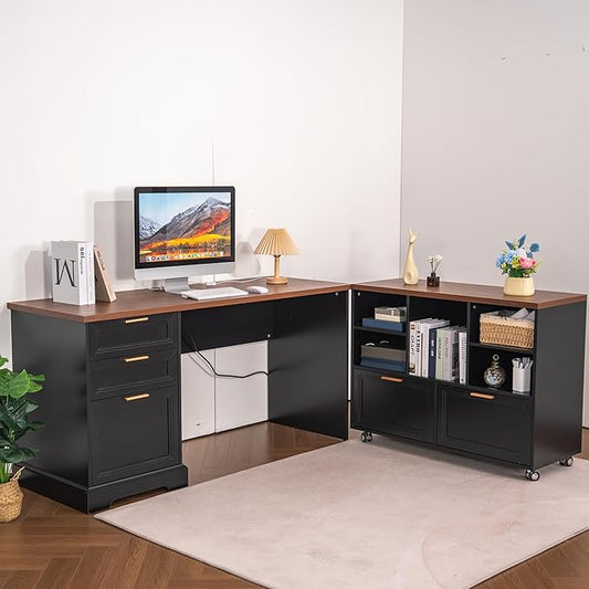 60" Professional Office Desk with 40" Mobile File Cabinet,Business Desk with Charging Station,L Shaped Executive Desk Set for Office Work,Home Study
