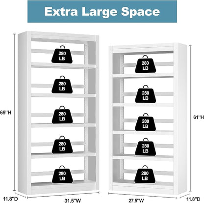 5 Tier White Bookshelf, 61" H Adjustable Bookshelf with Large Capacity, Suitable for Modern Storage Shelves in Living Rooms, Homes Offices, Garage, Sturdy Metal Bookshelf for Organizing