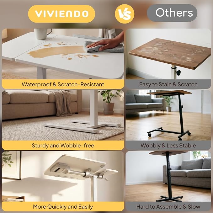 Overbed Table with Wheels, Height Adjustable Hospital Bed Table, Dual-Tiltable Rolling Laptop Desk for Bed, Hidden Casters H-Base Portable Side Table for Couch, Hospital & Home Office