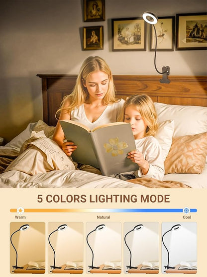 Clip on Lamp,5 Colors+10 Brightness Memory LED Desk Lamp with Clamp Light | 550lm Bright Clip on Light for Bed Headboard/Bedside Table,360° Adjustable Reading Light for Bed/Dorm/Nail/Puzzle,USB Adapter