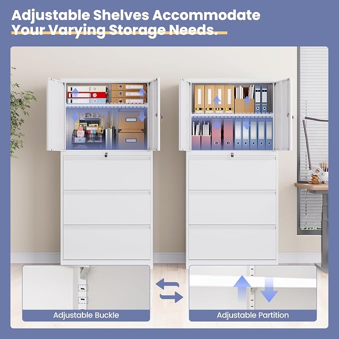 3 Drawer Lateral File Cabinet, Office Storage Cabinet with 3 Wide&Deep Drawers and Locking Doors, White Metal Cabinet with Adjustable Shelves for Home Office, Fits A4/Letter/Legal Size Folders