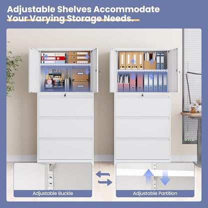 3 Drawer Lateral File Cabinet, Office Storage Cabinet with 3 Wide&Deep Drawers and Locking Doors, White Metal Cabinet with Adjustable Shelves for Home Office, Fits A4/Letter/Legal Size Folders