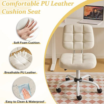 VINGLI Compact Small Desk Chair, Cute Armless Chair with Wheels, Vanity Chair with Low Back, Height Adjustable Task Chair for Small Spaces, Office, Bedroom, Make Up Room, PU Leather, White