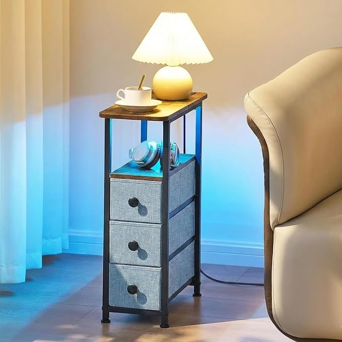 DALEMHOME Narrow End Table with Charging Station, Narrow Side Table with Drawer, Small Nightstand with LED Light, Skinny Nightstand, Small Bedside Table for Living Room, Grey