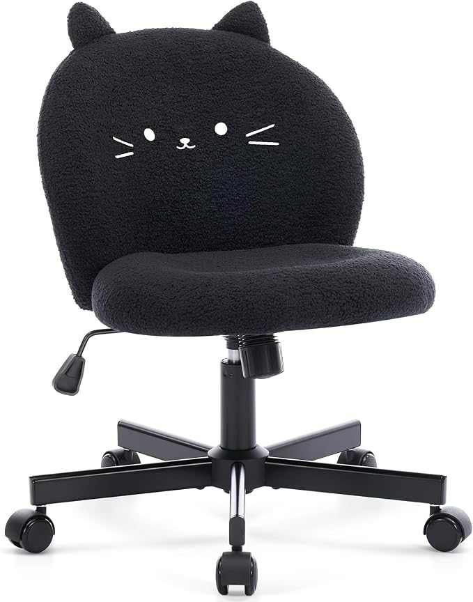 Vanity Chair with Cat Back,Armless Desk Chair Cute Small Office Chair,Teddy Fabric Computer Chair with Adjustable Height,120°Tilting,Rolling,Swivel for Vanity,Kids Room,Office,Bedroom Black