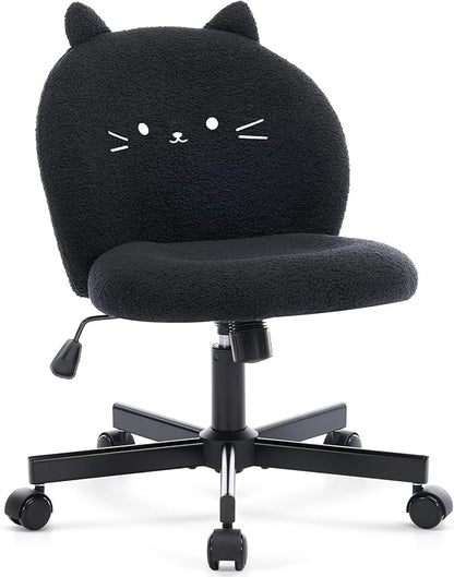 Vanity Chair with Cat Back,Armless Desk Chair Cute Small Office Chair,Teddy Fabric Computer Chair with Adjustable Height,120°Tilting,Rolling,Swivel for Vanity,Kids Room,Office,Bedroom Black