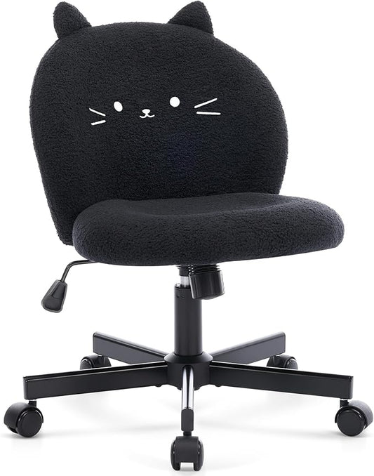 Vanity Chair with Cat Back,Armless Desk Chair Cute Small Office Chair,Teddy Fabric Computer Chair with Adjustable Height,120°Tilting,Rolling,Swivel for Vanity,Kids Room,Office,Bedroom Black