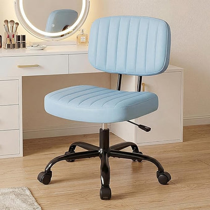 DUMOS Armless Home Office Executive Chair: Small Desk Chair with Low Back Lumbar Support, Height Adjustable PU Leather Computer Task with 360° Swivel Wheels, for Adults, Blue