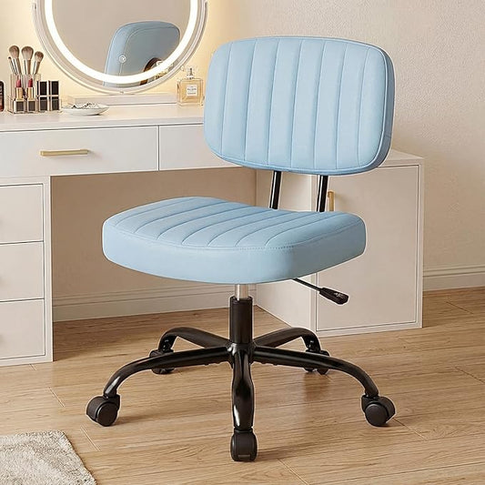 DUMOS Armless Home Office Executive Chair: Small Desk Chair with Low Back Lumbar Support, Height Adjustable PU Leather Computer Task with 360° Swivel Wheels, for Adults, Blue