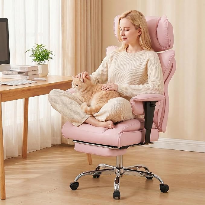 DUMOS Big and Tall Home Office Desk Chair, Ergonomic Executive Chair with Footrest, Computer Gaming Chairs with High Back Reclining, Adjustable Armrests and Comfy Lumbar Support, PU Leather, Pink