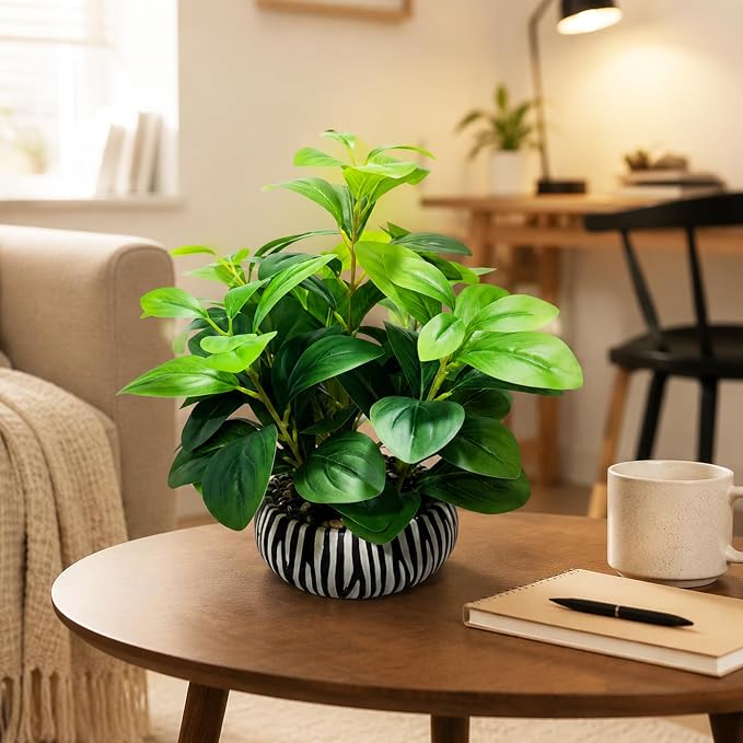 Realistic Artificial Potted Plant, Faux Indoor Greenery for Home Office Living Room Bookshelf Bathroom Decor, Low-Maintenance Space-Saving Fake Plants with Modern Decorative Vase