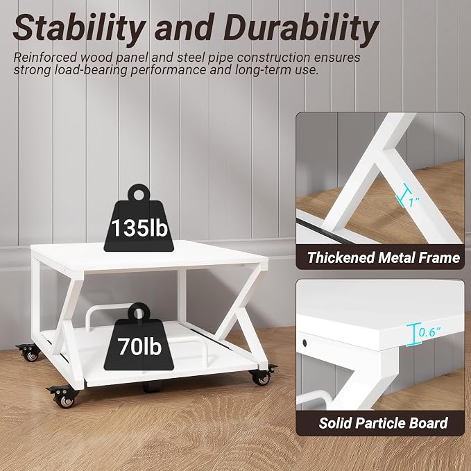 Natwind 2 Tier Printer Stand,23.6''x23.6'',with Pull Out Shelf,White | Easy Reach for Lower Shelf Items,Rolling Printer Cart with Wheels,Fits Under Desk,Supports 205lbs,for Home Office Kitchen