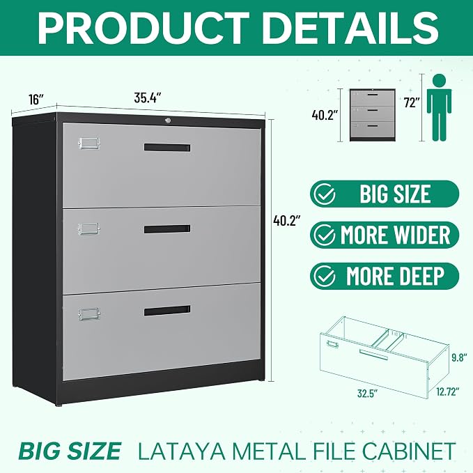 Letaya File Cabinet with Lock-Lateral 3 Drawer Metal Filing Cabinets-Organization Storage for Home Office-Hanging Letter/Legal/F4/A4 Size (Grey Black)