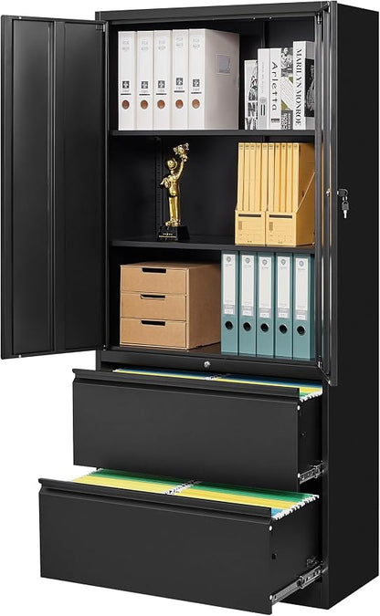 SISESOL Black Metal Storage Cabinet with Drawers and Lock,Locking Steel Storage Cabinet with Doors and Shelves,71" Office File Cabinets for Home Office,Warehouse,Garage,School (Black, 2 Drawers)