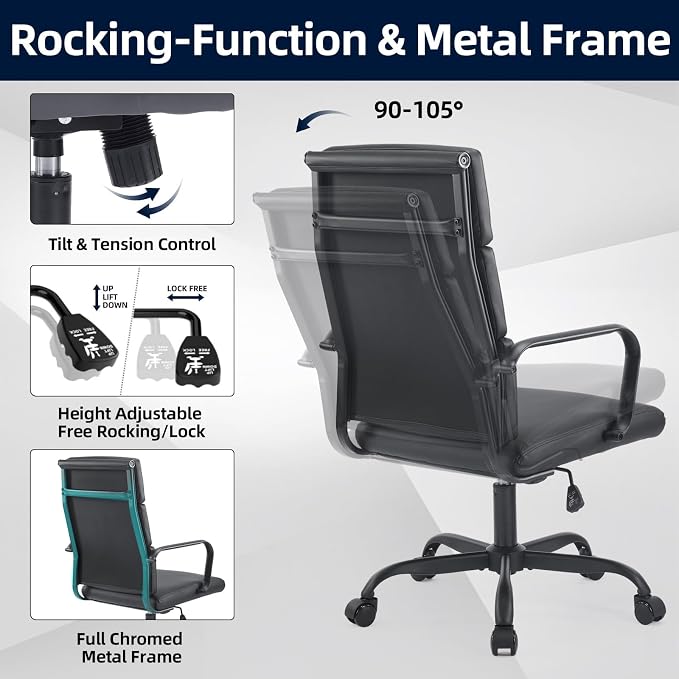 Office Chair, Ergonomic Executive Conference Room Chairs, Ribbed Leather Desk Chair with Lumbar Support, Adjustable Height Mid-Back Swivel Chair with Padded Seat