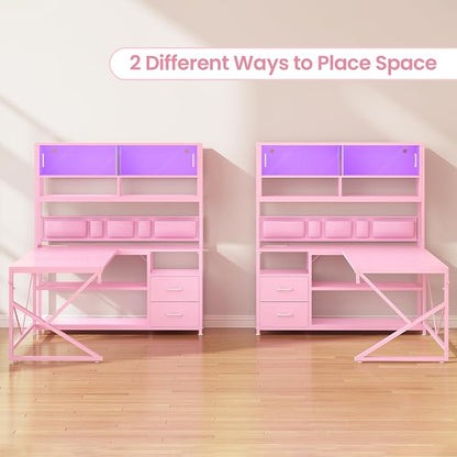 SEDETA L Shaped Gaming Desk, Home Office Computer Desk with 2 Drawer and Bookshelf, L Shaped Gaming Desk with LED Light, Glass Cabinet and Storage Bag, Corner Desk with Storage Shelves, Pink