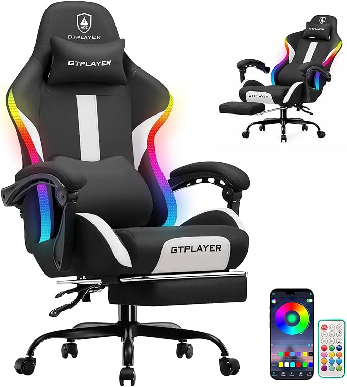 GTPLAYER RGB Gaming Chair with Footrest, LED Lights, Ergonomic Computer Chair with Linkage Armrest, Breathable Fabric for Home Office Desk - Video Game Chairs for Adults, Dim RGB