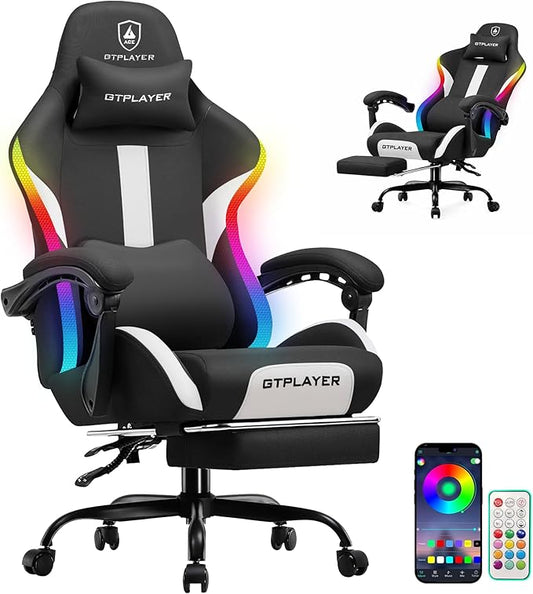 GTPLAYER RGB Gaming Chair with Footrest, LED Lights, Ergonomic Computer Chair with Linkage Armrest, Breathable Fabric for Home Office Desk - Video Game Chairs for Adults, Dim RGB
