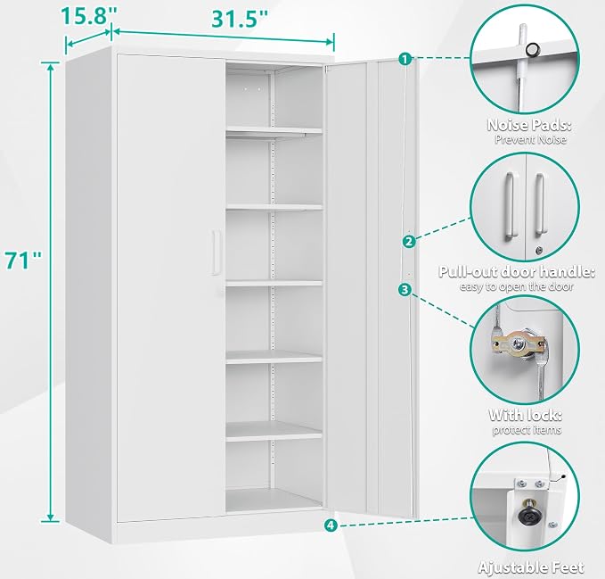 SISESOL Metal Storage Storage Cabinet with 5 Adjustable Shelves,White Metal Cabinet with Locking Doors,Steel Pantry Cabinet with Lock,71" Lockable Storage Cabinet for Home,Office,Garage,Kitchen,Shop