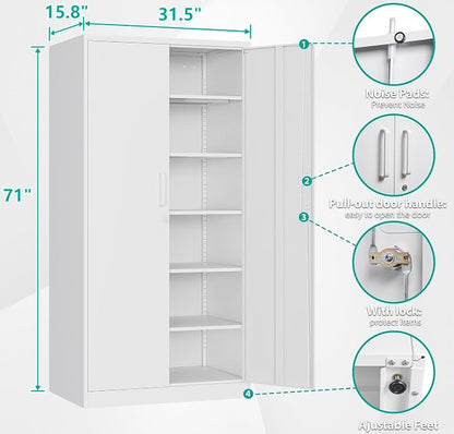 SISESOL Metal Storage Storage Cabinet with 5 Adjustable Shelves,White Metal Cabinet with Locking Doors,Steel Pantry Cabinet with Lock,71" Lockable Storage Cabinet for Home,Office,Garage,Kitchen,Shop