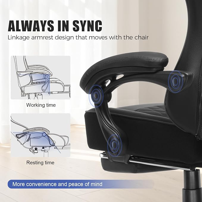 GTPLAYER Big and Tall Gaming Chair with Footrest, Ergonomic Office Desk Chair with 4.4in Thick Cushion and Wide Wingless Seat, Comfortable Leather Computer Chair, Predator Series, Satin Black