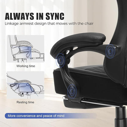 GTPLAYER Big and Tall Gaming Chair with Footrest, Ergonomic Office Desk Chair with 4.4in Thick Cushion and Wide Wingless Seat, Comfortable Leather Computer Chair, Predator Series, Satin Black