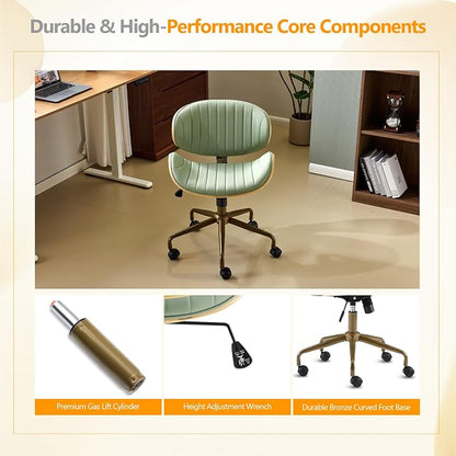 VINGLI Wide Comfotable Swivel Home Office Chair with Wood-Grain Curved Shell,Ergomomic Mid-Back Padded Armless Rolling Desk Chair with Wheels,Height Adjustable for Computer,Task,Work,PU Leather,Green