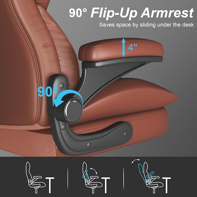 Office Chair, Home Desk Chair, Ergonomic Computer Chair with Lumbar Support, Executive Leather Chair with Flip-Up Armrests, Big and Tall Swivel Rolling Chair, Light Brown