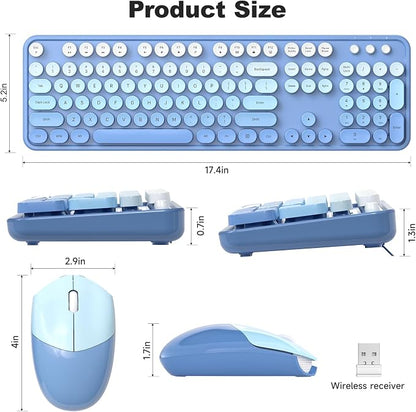 MOFII Wireless Keyboard and Mouse Combo, Full Size 2.4G Plug and Play Typewriter Retro Round Computer Keyboard and Mouse Set for Windows, Computer, Desktop, PC, Notebook - (Blue Gradient)