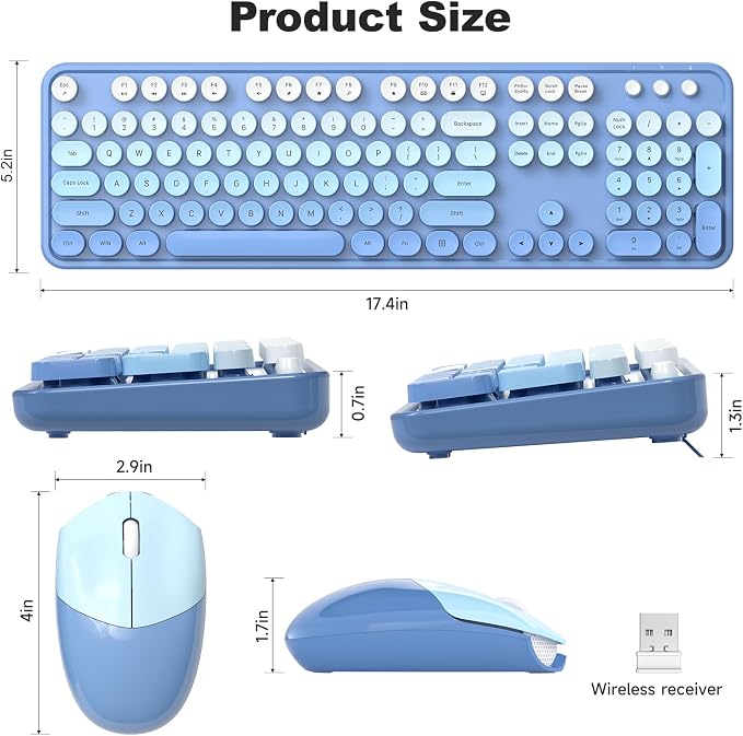 Wireless Keyboard and Mouse Combo, MOWUX Full Size Typewriter Retro Round Computer Keyboard, Cute Optical Mouse Wireless, Plug and Play, for Laptop, PC, Computer-Blue Gradient