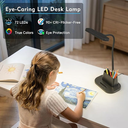 BOHON Desk Lamp for Home Office Reading Light with USB Charging Port Black | Small Desk Lamps with Pen Holder, 5 Color Modes 5 Brightness, Touch Gooseneck LED Table Lamp for Dorm Room Essentials Study