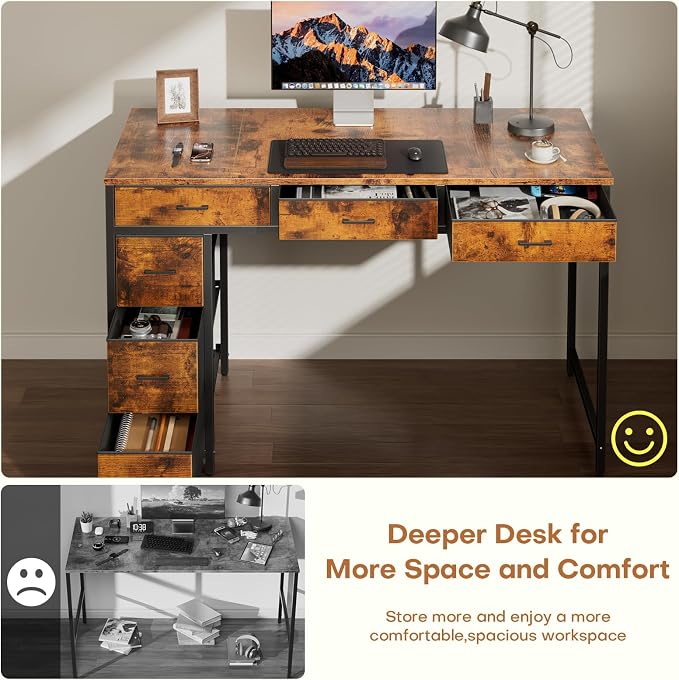 HLDIRECT 47" Computer Desk with 6 Drawers, Home Office Desk with Large Storage for Home Office,Gaming,Writing Study,Work (Brown)