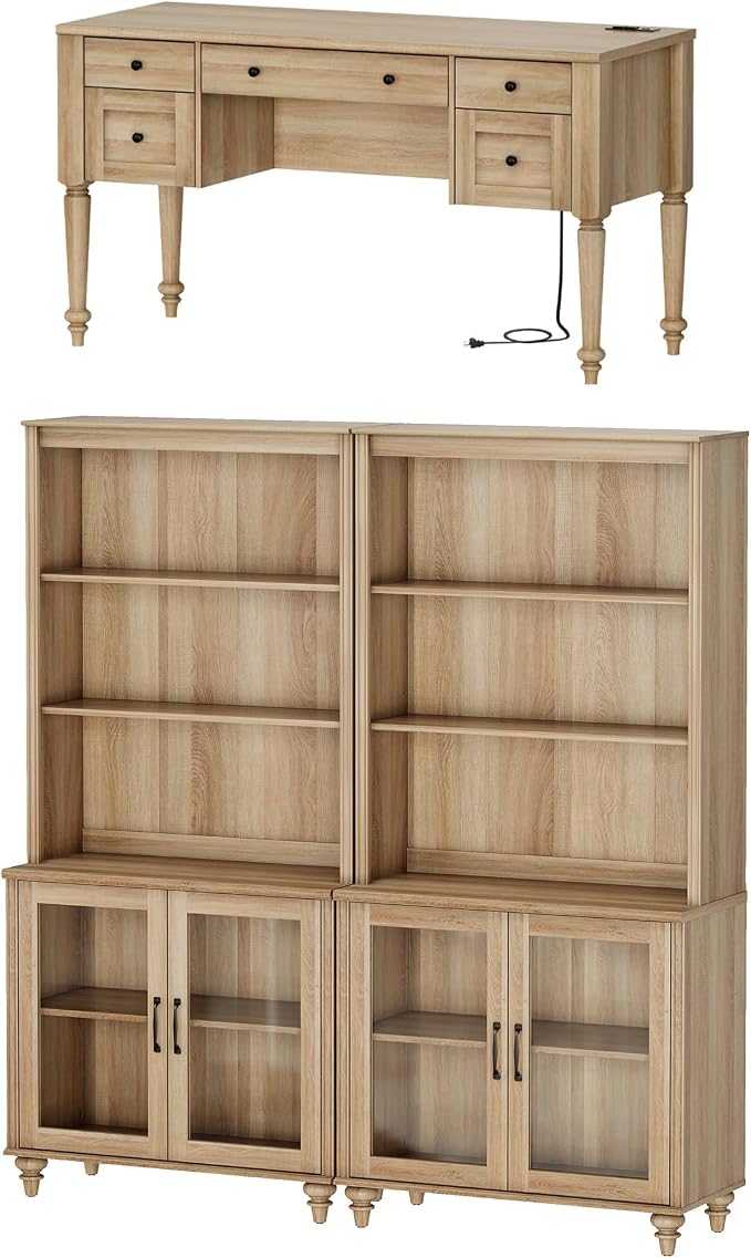 WAMPAT Home Office Furniture Set, 56'' Executive Desk with Charging Station, 72" Tall Bookcase with 4 Glass Doors, Wood Computer Desk with File Cabinet Storage, Open Shelf, Oak