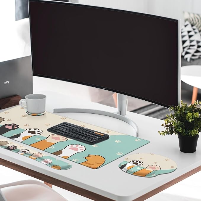 Britimes Kawaii Cat Paws Keyboard Mouse Pad Set Cute Cartoon 4in1 Large Mousepad+Keyboard Wrist Rest+Mouse Wrist Rest+Coaster Ergonomic Design for Home Office Computer 35.4x15.7 inches