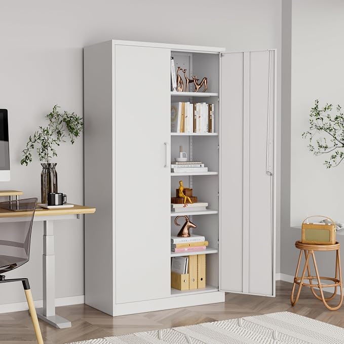 72"H Metal Storage Cabinets, Tall Locking Garage Cabinet with 2 Doors and 5 Adjustable Shelves, Steel Utility Tool Caninet, White Lockable Outdoor Storage Cabnet for Pantry, Garage, Home Office