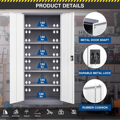 Fesbos Metal Storage Cabinet-71” Tall Steel File Cabinets with Lockable Doors and Adjustable Shelves-Gray&White Steel Storage Cabinet for Home,Kitchen, School, Office, Garage