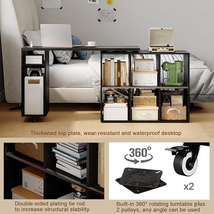BOSHIRO Black L-Shaped Computer Desk with Storage Shelves, Small Study Writing Desk with Charging Station, 67” Bedroom Side Table & 360° Rotating Desk for Living Room
