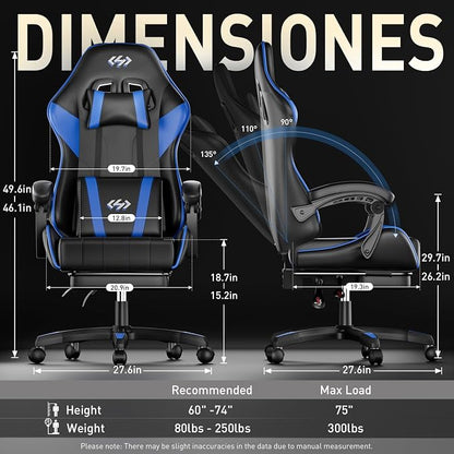 HLDIRECT Gaming Chair, Ergonomic Computer Office Chair with Lumbar Support Footrest Headrest, Adjustable Height & Backrest Angle Video Gamer Chair, PU Leather, 360° Swivel, Adult (Black&Blue)