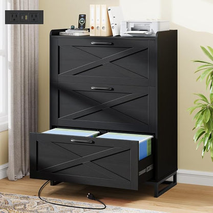 Vabches File Cabinet 3 Drawers Lateral File Cabinet with Charging Station for Letter/Legal/A4 Size Hanging Files, Large Wood File Storage Cabinets Printer Stand for Home Office, Simple Black